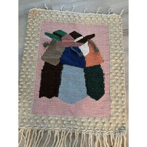 Mexican Wool Rug Handmade Woven Wall Tapestry Boho Fringe Women W Hats Pastels